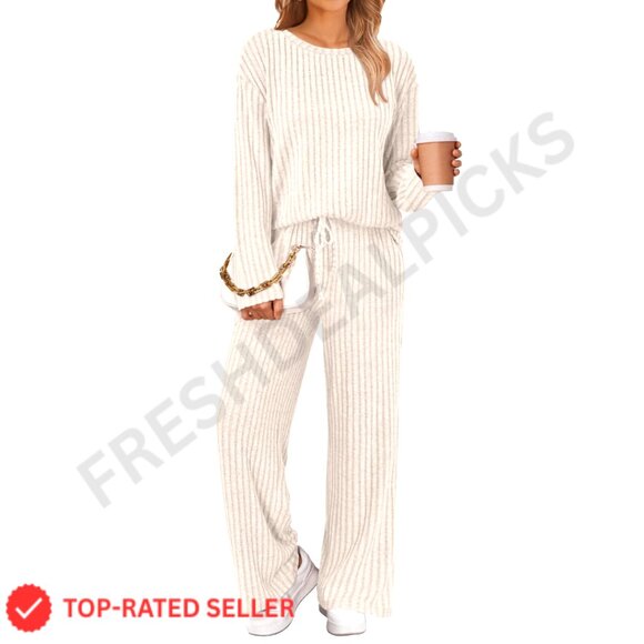 Women's Ribbed Knit Lounge Set Long Sleeve Two Piece Pajamas Sweatsuit